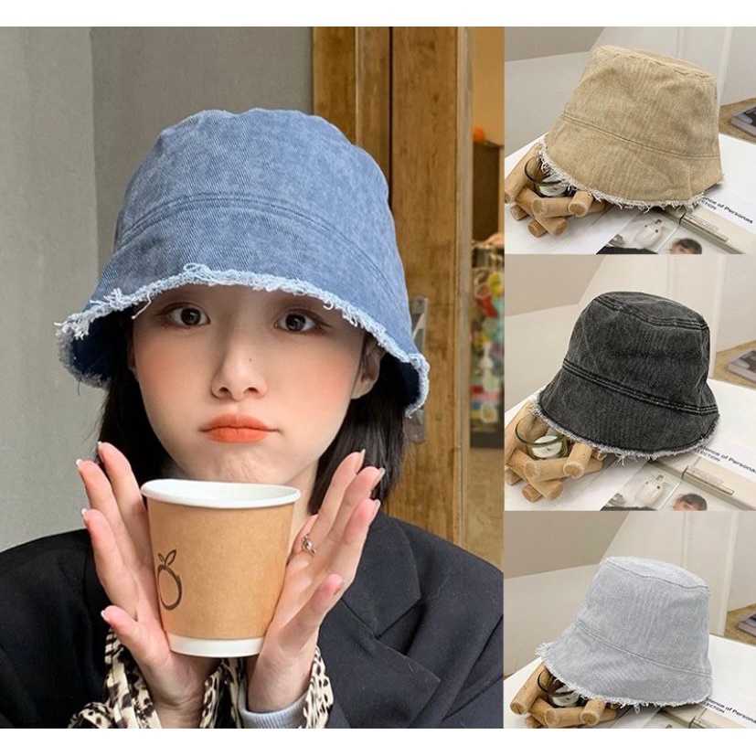 TRENDY - Bucket hat Ripped end Topi bucket hat Rawis Rumbai jeans wanita aneka warna - bucket jeans wanita model sobek