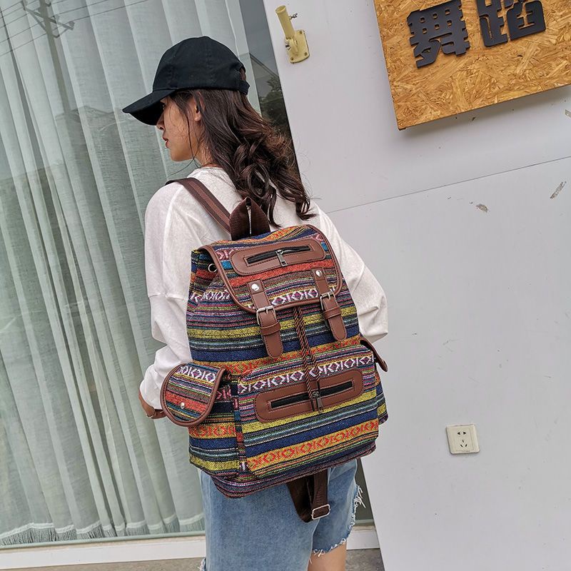 ☈❈●Seraser 2021 tren mode baru warna stripe retro gaya etnik ransel dengan ember ransel tas sekolah siswa