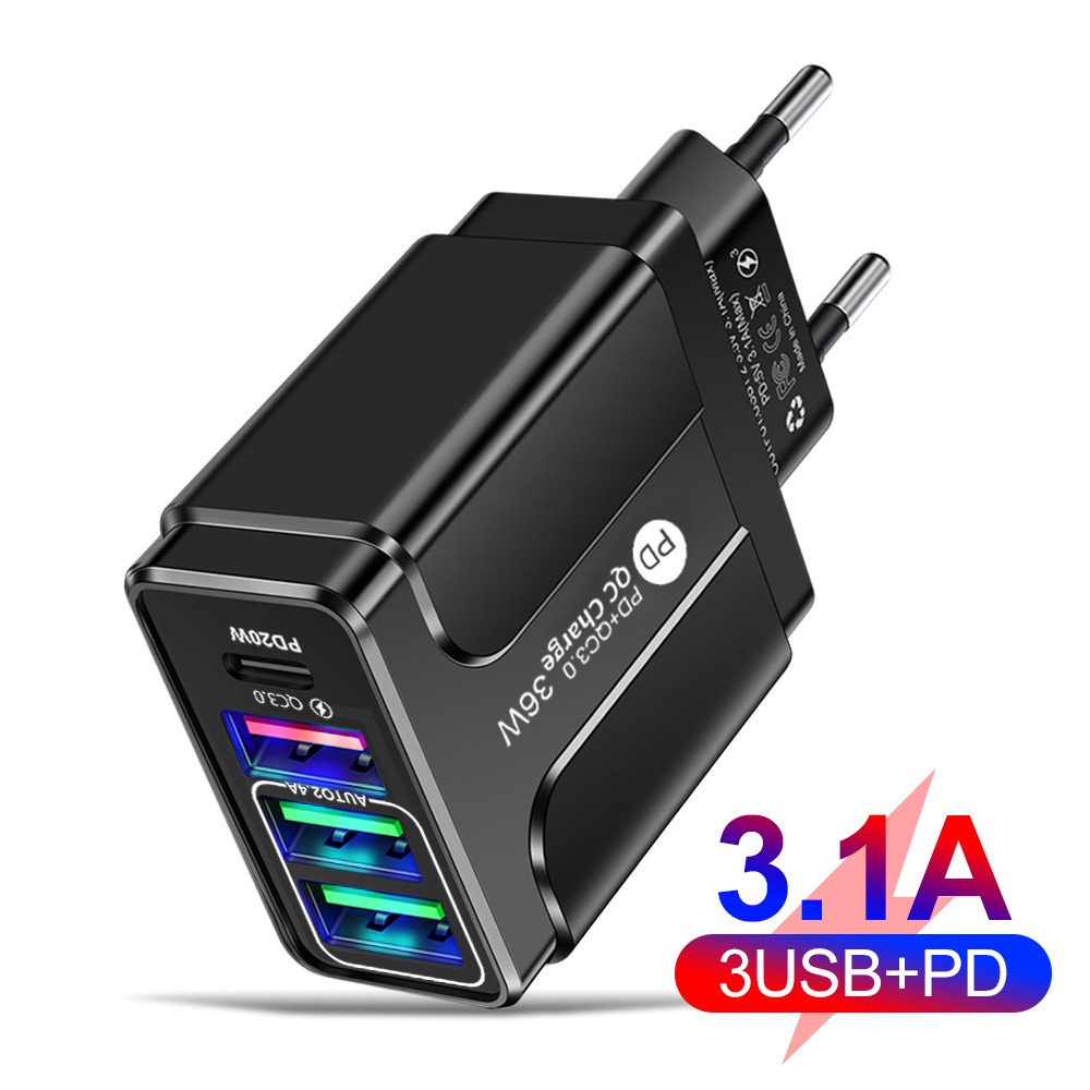 Adapter Charger 3 Port Usb QC3.0 + PD 4 Port 5V / 9V / 12V Portable Untuk Iphone Android