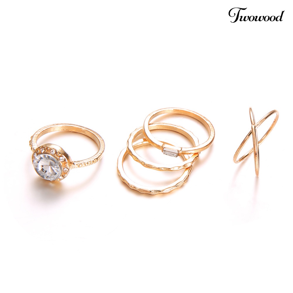 5pcs / Set Cincin Jari Cubic Zirconia Bentuk Bulat Silang Untuk Wanita