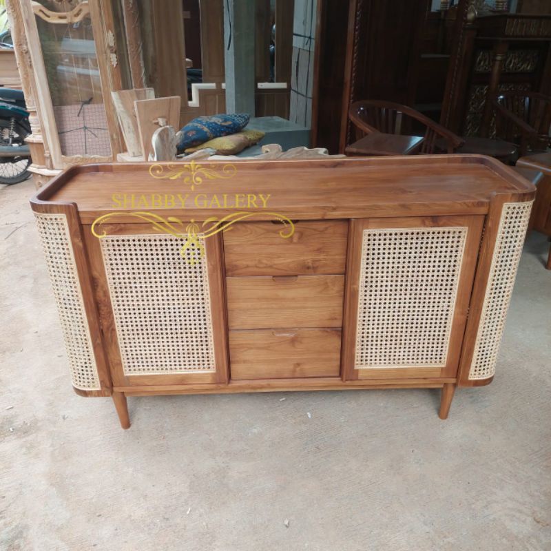 Meja Tv Minimalis Scandinavian Rotan Kayu Jati, Bufet Tv Rotan Jati Minimalis, Lemari Cabinet Tv Rot