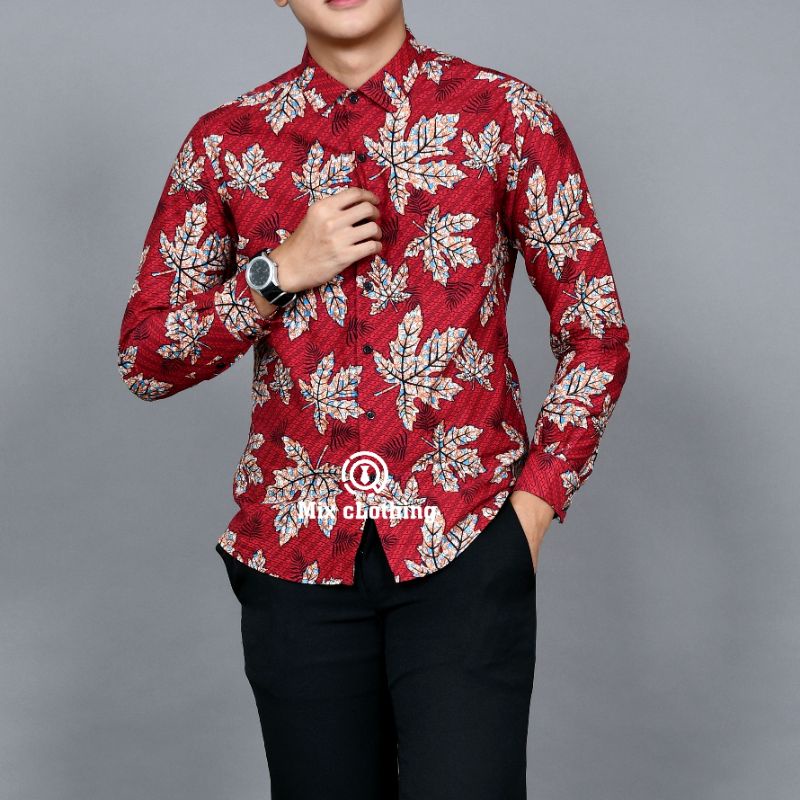 Baju Batik Pria Slimfit Kemeja Batik Pria Lengan Panjang Luigi Hem Baju kerja Distro Merah