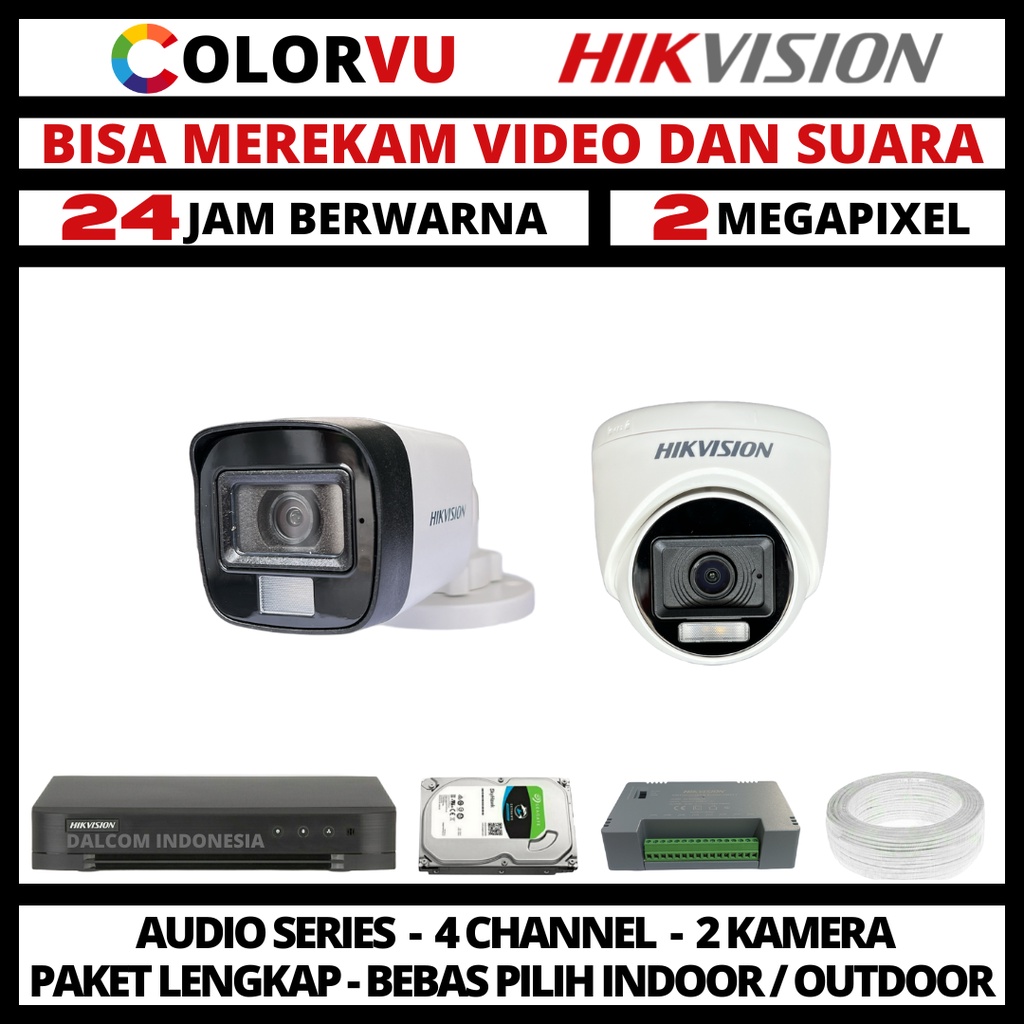 PAKET CCTV HIKVISION COLORVU 2MP 4 CHANNEL 2 KAMERA COLORFUL