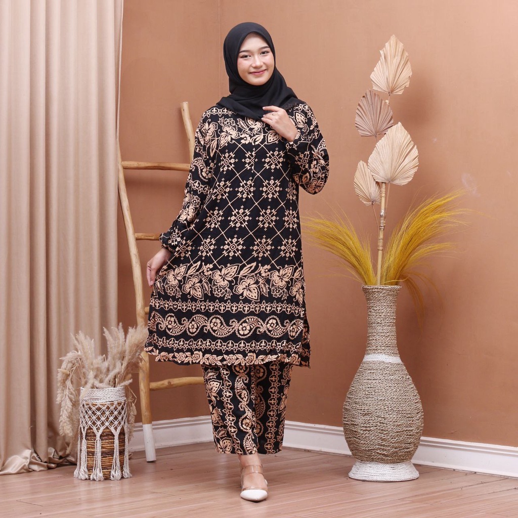 Ketjubung One Set Wanita Tunik Rayon Batik Premium Setelan Wanita Lengan Panjang Set Celana Kekinian LD 120 cm