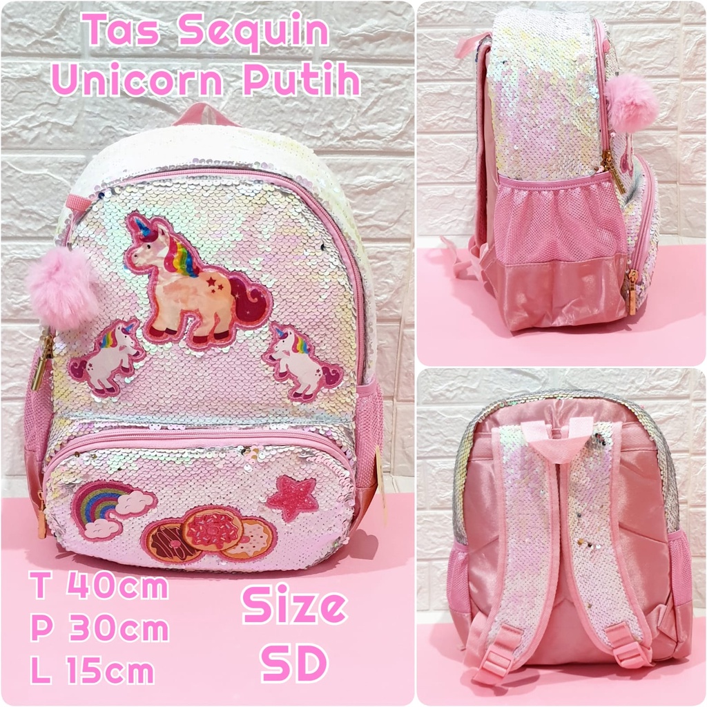 Tas Sekolah Ransel Sequin Unicorn dan LOL cocok untuk Anak SD dan TK Good Quality Bahan Tebal Import