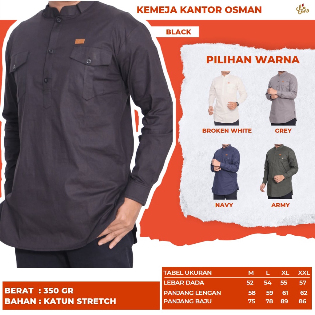 Kemeja Pria Formal Kantor Kemko Polos Model Osman Bahan Katun Toyobo Warna Grey/Black/Army/Navy