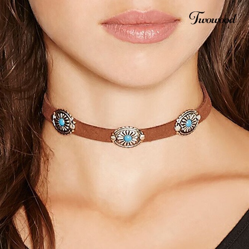 Kalung Choker Bahan Velvet Motif Bunga Turquoise Gaya Retro Boho Etnik Untuk Wanita