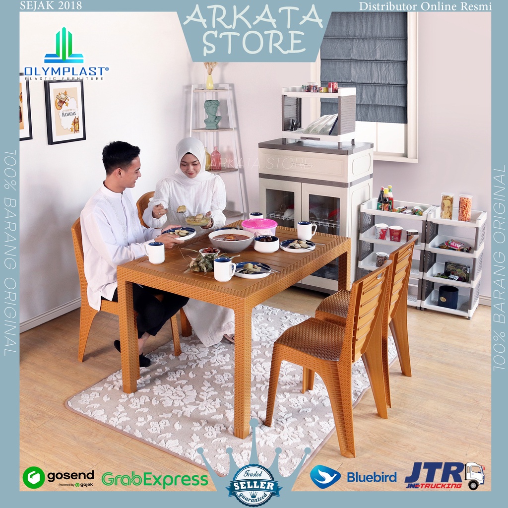 1 Set meja Makan Plastik 120 ODT-R + 4 Kursi Olymplast Rotan OL 203 208