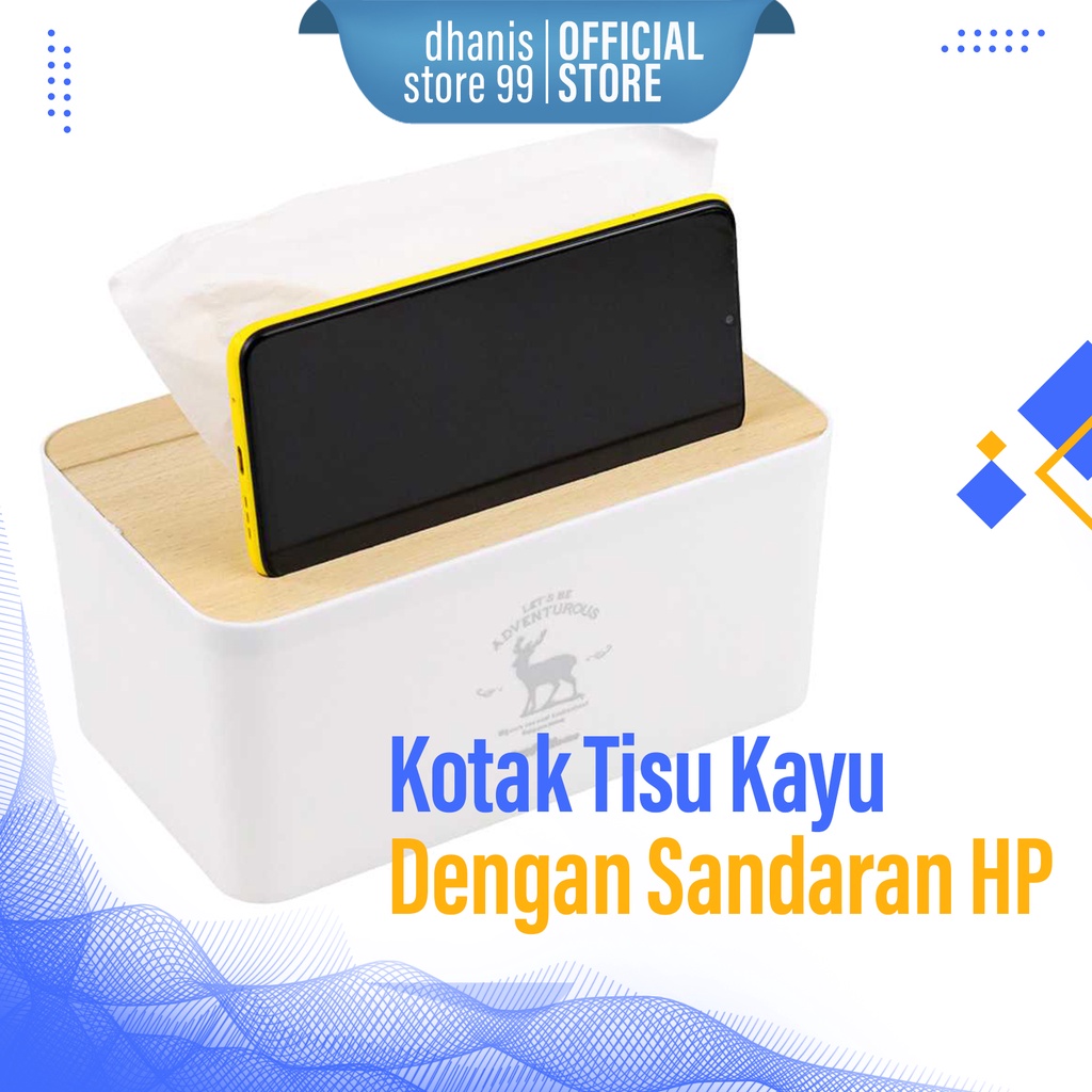 Kotak Tisu Kayu Tissue Box dengan Holder Sandaran HP Smartphone