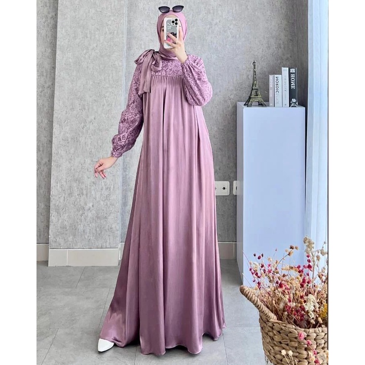 Gaun Pesta Muslimah Yumna Maxi Dress Muslim Bahan Maxmara Mix Brokat Brukat Fashion Muslim Cantik Lo