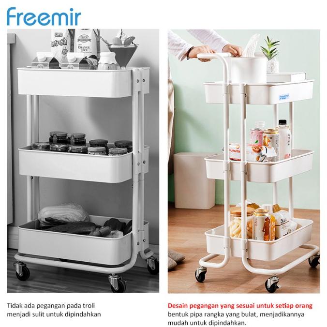 Freemir Rak Troli Tiga Susun Serbaguna Dengan Roda Dan Pegangan