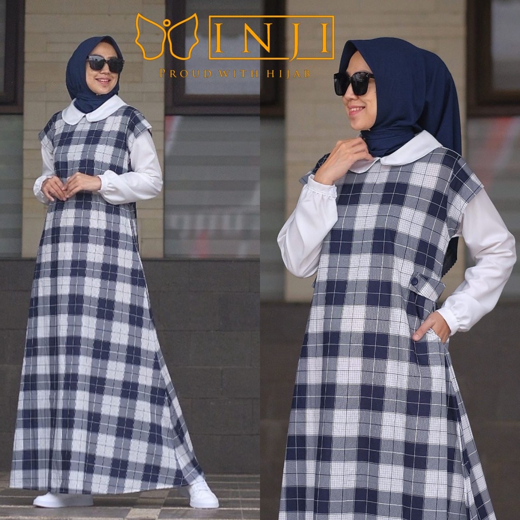 KAYRA By INJI, Gamis Dress Wanita Perempuan Muslimah Baju Busana Maxy Maxi Motif Kotak-Kotak Bahan K