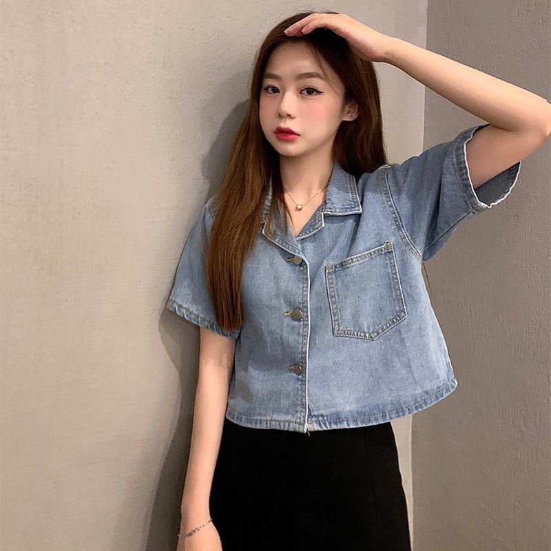 Kemeja Crop Top Oversize Denim Wash Wanita / Blazer Crop Jeans Outfit Jeans Korean OOTD Remaja | Fashion Hits Kekinian OOTD Viral Terbaru