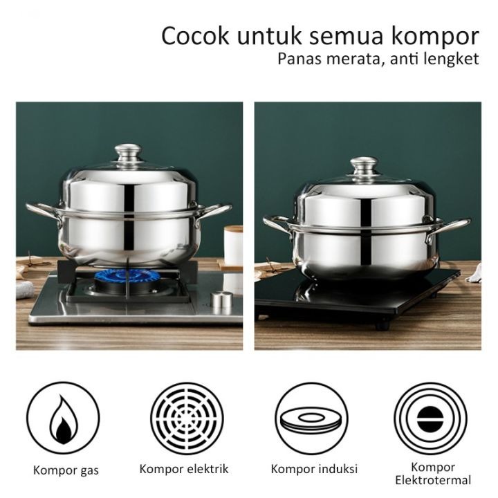 TERBARU PANCI ZG-3 Panci Pengukus Diameter 28cm Stainless Streamer  2 Tingkat Tutup Kaca -TERMURAH