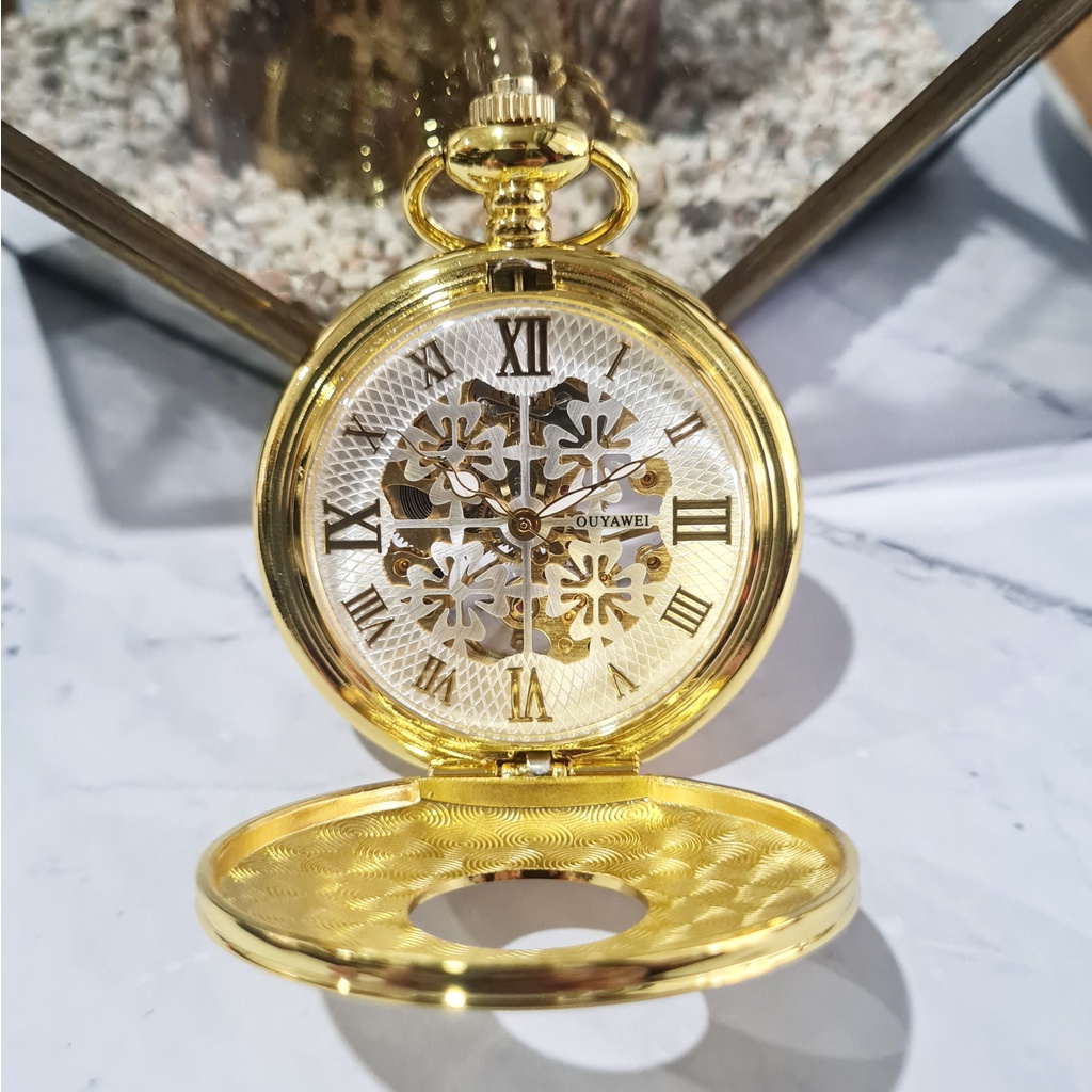 POCKET WATCH Jam Kantong Saku Automatic Otomatis Mechanical Mekanik Manual Winding Skeleton Gold Ran