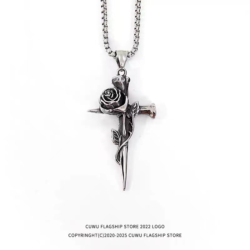Kalung Rantai Dengan Liontin Salib Mawar Gaya Hip Hop Punk Retro Untuk Pria / Wanita