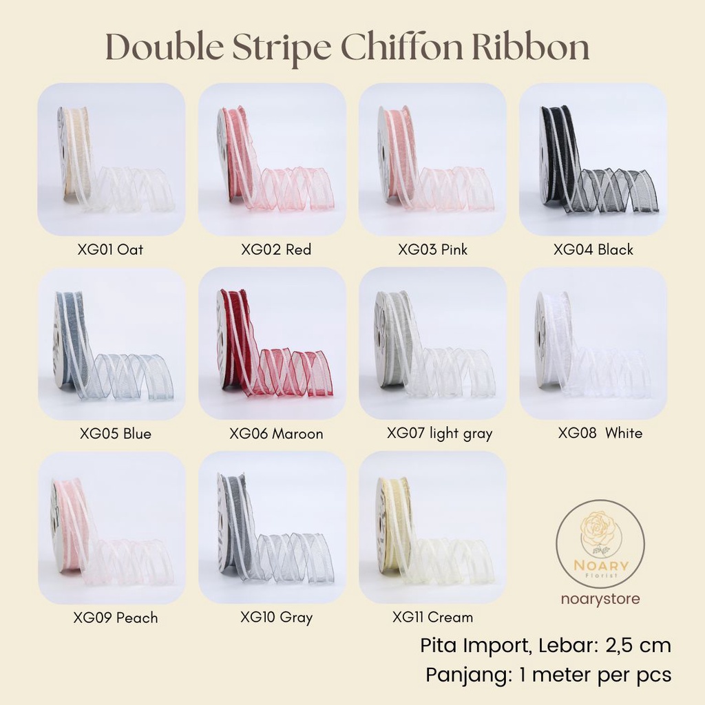 

Double Stripe Chiffon Ribbon / / Pita Satin / Ribbon / Pita Import / Pita Bunga / Pita Kado / Pita Chiffon / Pita Termurah / Flower Ribbon / Florist Ribbon / Pita / Pita Grosir / Pita Besar Kecil Medium / Satin / OPP / Pita Tarik / Florist supply