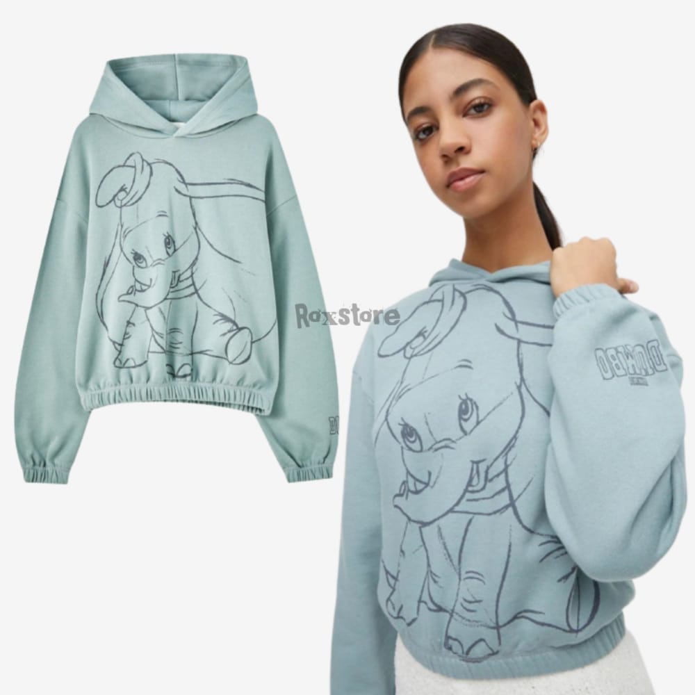 sweater crop wanita hoodie croptop dumbo sketsa green sea sweatshirt disney atasan bertudung pakaian