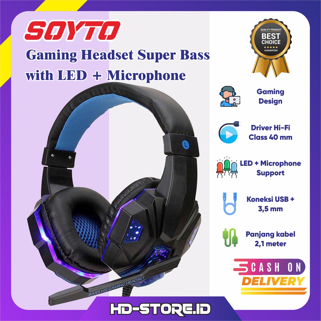 SOYTO Headset Gaming With Mic Headphone Premium Hedset Super Bass Game LED Support Wired Type USB + 