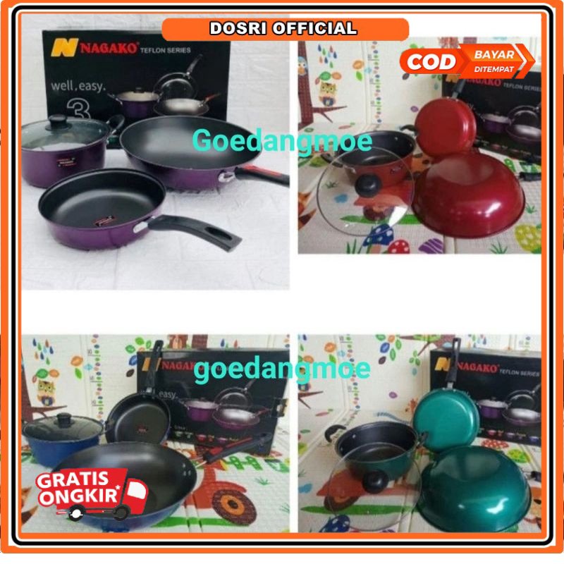 NAGAKO QME Panci teflon series set 3pc Frypan Wajan Wok anti lengket