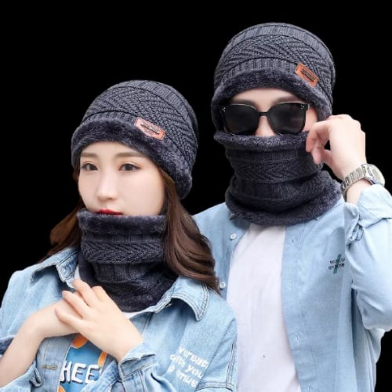 Topi Kupluk Rajut Beanie dan Syal Set / Kupluk Beanie / Topi Kupluk Set