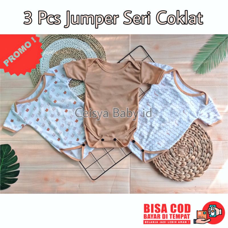 3 PCS Jumper Bayi Bodysuit Seri Coklat / Jumper Bayi Baru Lahir 0-3 Bulan