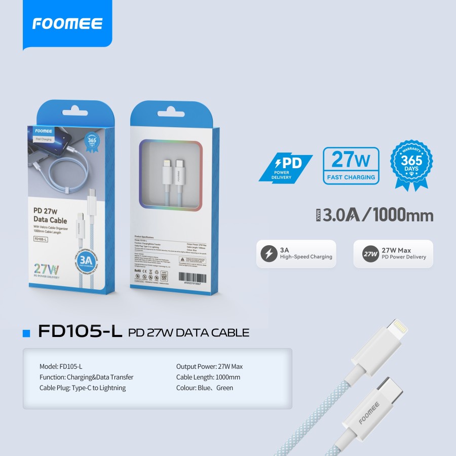 Kabel Data Type C to Type C 65W FOOMEE FD105 Type C to Lightning 27W Fast Charger