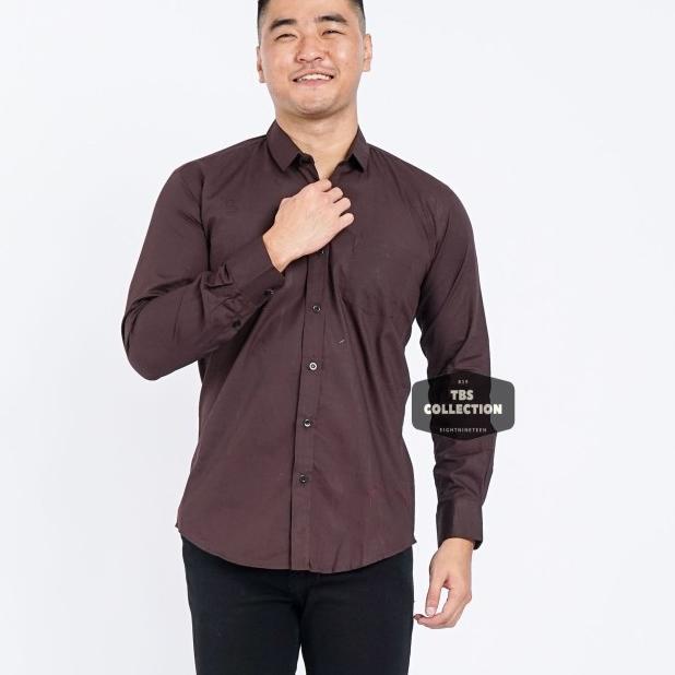 Baju Hem Kemeja Lengan Panjang Pria Coklat Dark Brown Polos Cowok 3242 - Cokelat Tua, M