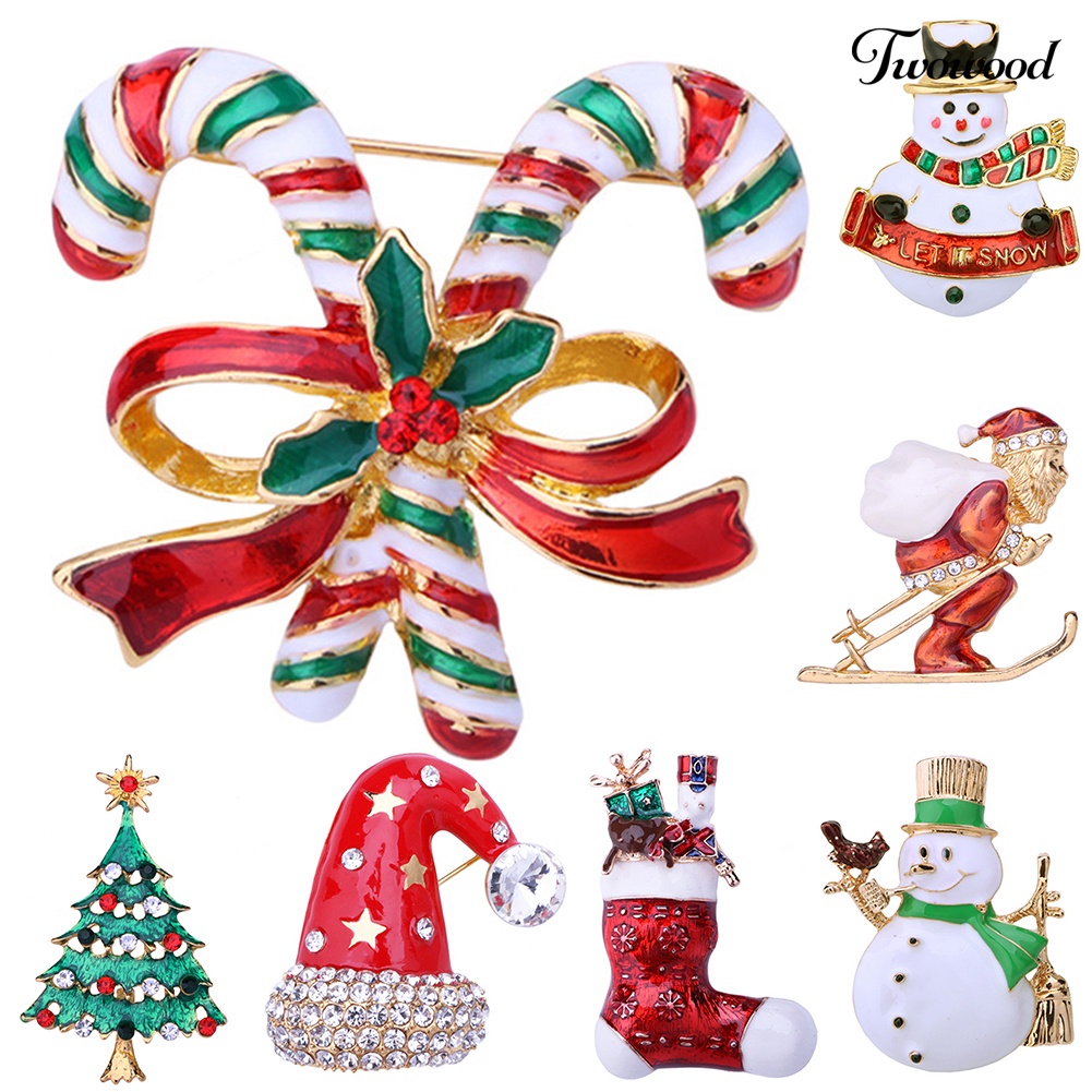 Twowood Bros Pin Bentuk Pohon Natal / Santa Claus / Snowman Aksen Berlian Imitasi Untuk Wanita