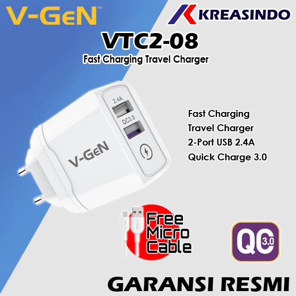 V-GeN Vgen Vtc2-08 Fast Charging Adaptor Travel Charger 2 Port USB
