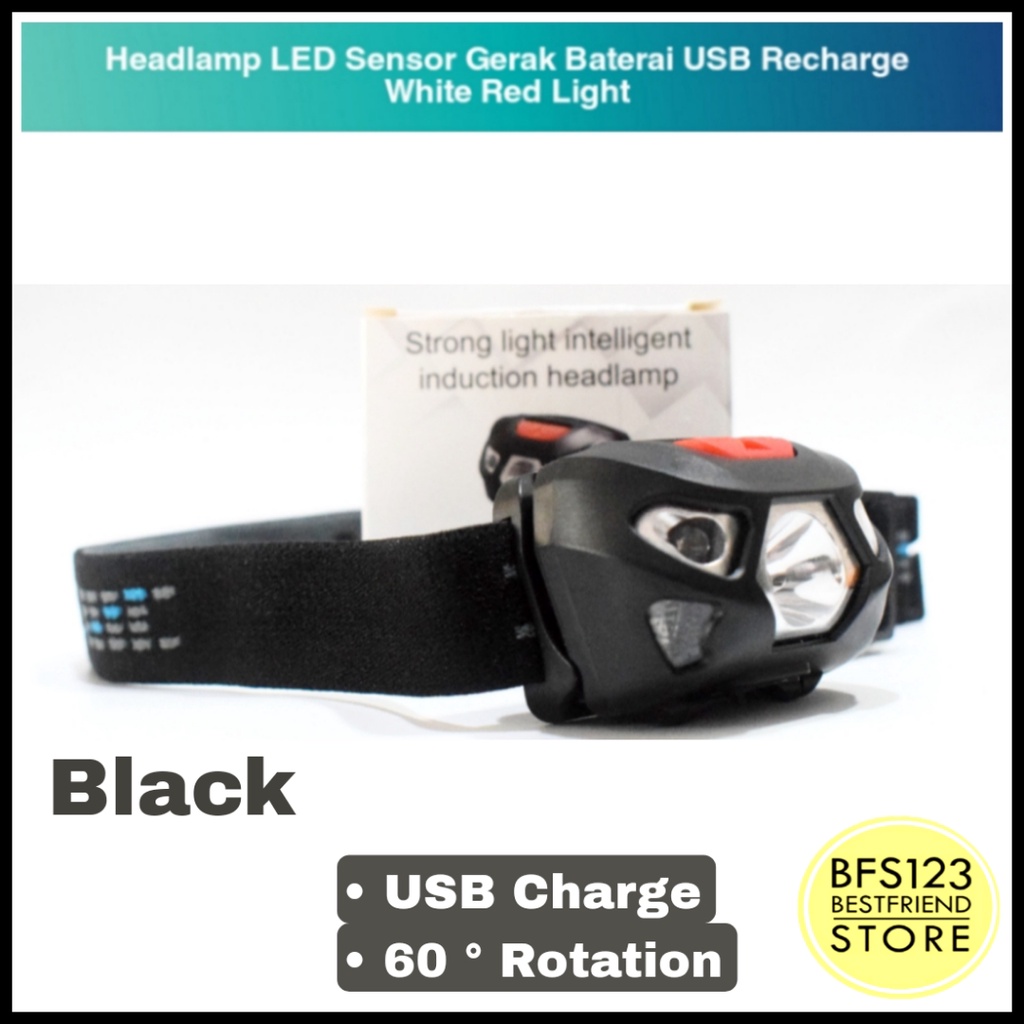 Headlamp LED Sensor Gerak Baterai USB Recharge White Red Light