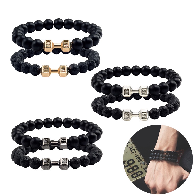 Adjustable Peregangan Bangle Pasangan Batu Vulkanik Gelang Dumbbell Manik-Manik Bracelets