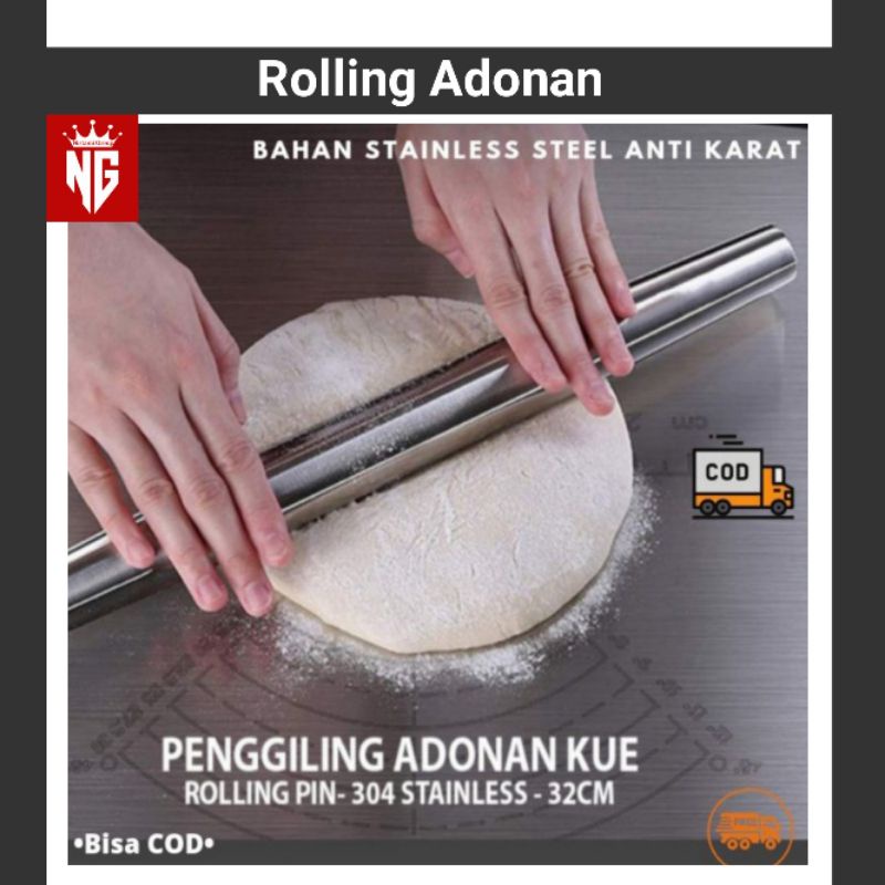 NG Rolling Roling Pin Stainless 32cm Alat Penggiling Penggilas Adonan Peralatan Perlengkapan Alat Bu