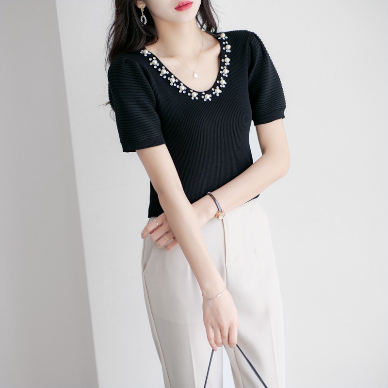 【Elegant】Korean Retro Soft Knit V Neck T-Shirt 2354