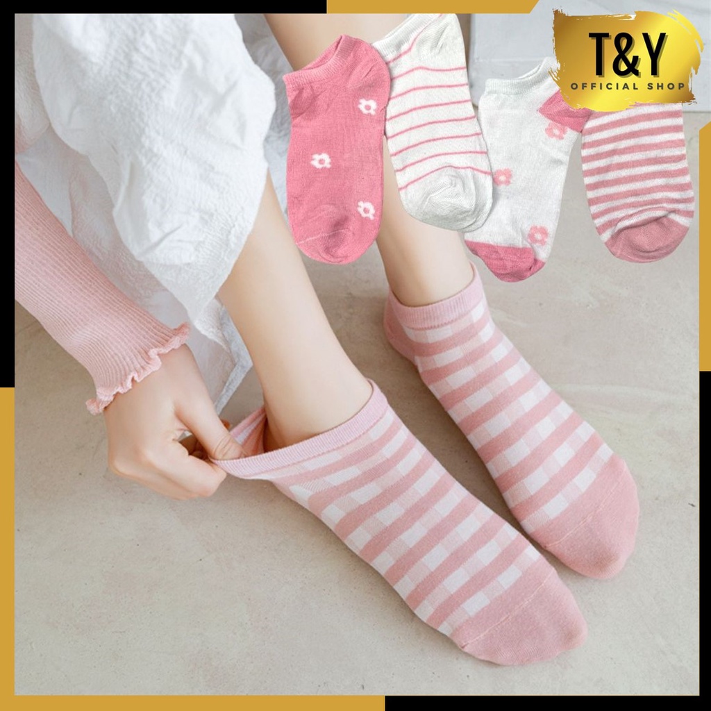 T&amp;Y Kaos Kaki Wanita Motif Buah Bunga Pink 6582 Kaos Kaki Pendek Fashion Korean Unisex Semata Kaki Putih Socks Import Ankle Socks Korean Model Simple Cute Murah