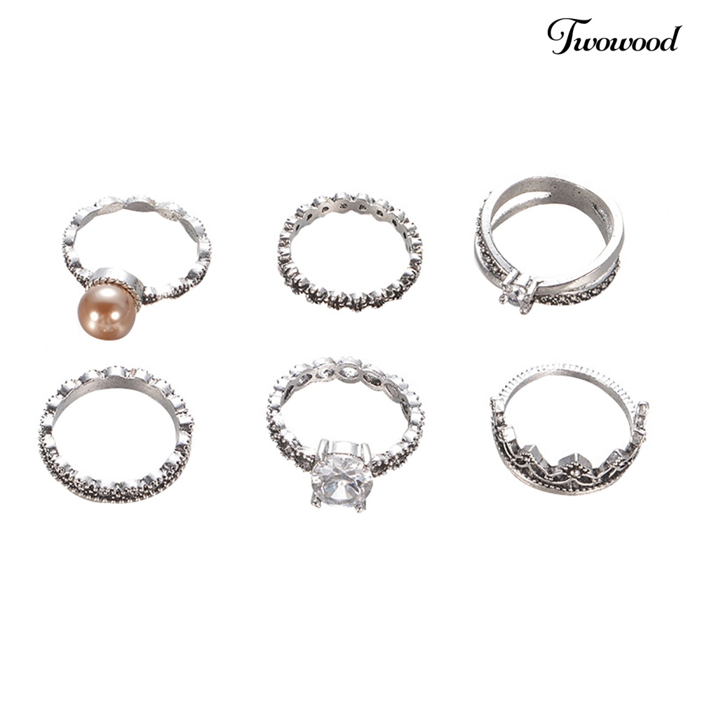 6 Pcs Cincin Knuckle Midi Bentuk Mahkota Aksen Mutiara Imitasi Bahan Zirkon Gaya Retro Untuk Wanita