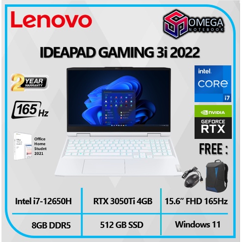 LENOVO GAMING 3i 2022 15 RTX3050TI 4GB -Intel Core I7 12650H 8GB 512SSD W11+OHS 15.6FHD 165Hz 100SRGB - 8CID