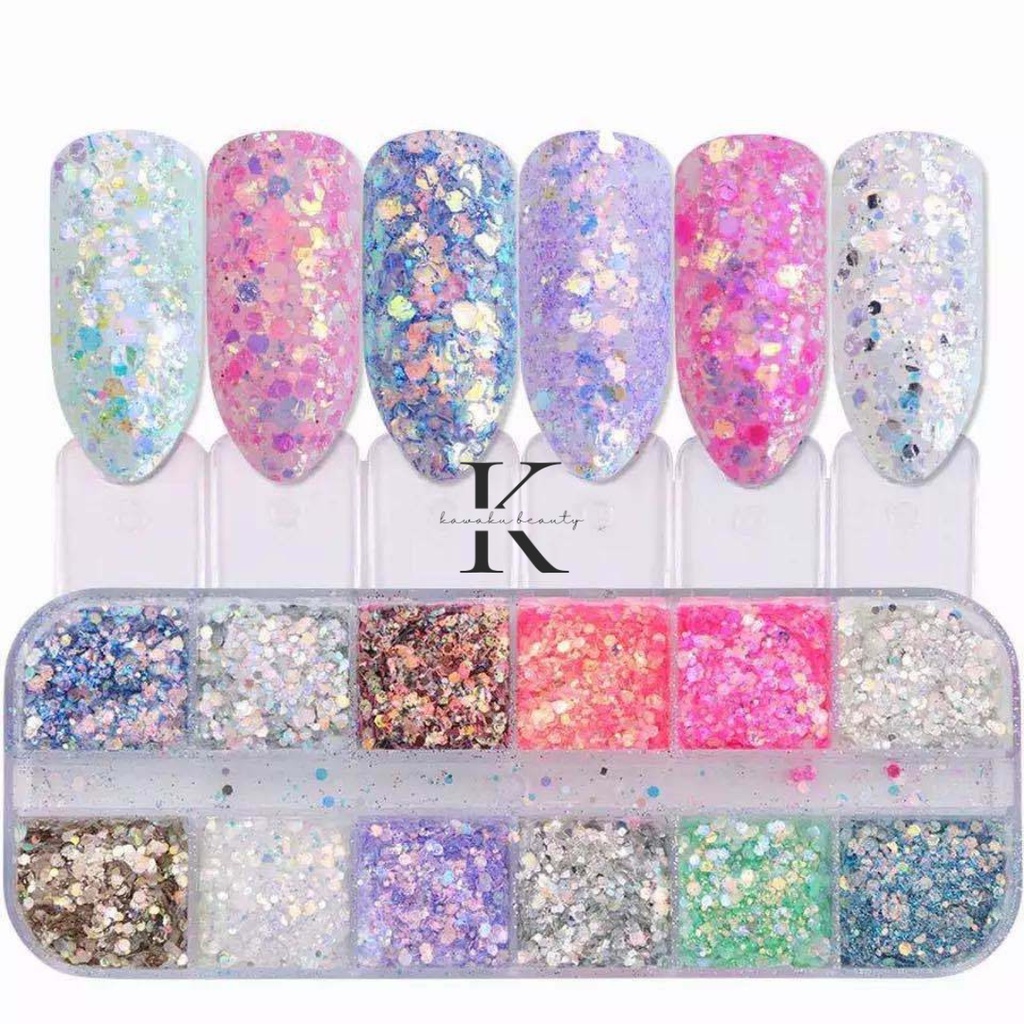 Aksesoris Glitter Nail art Glitter Hexagon Set 12 warna/ Serbuk Glitter Kasar Hiasan Kutek Kuku Nail art