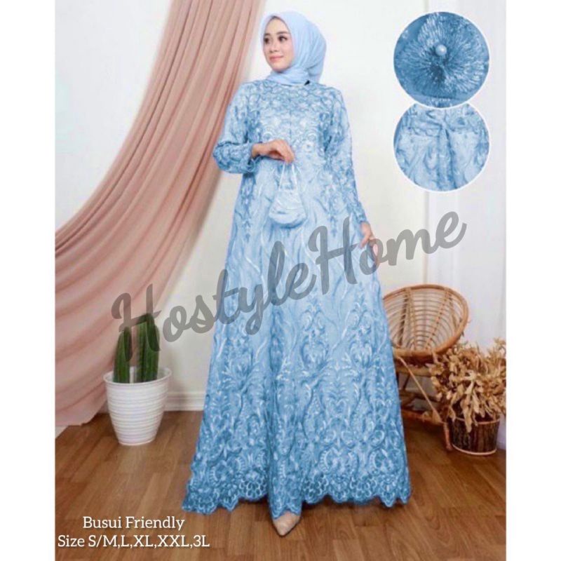 (NEW) LESTYA - BAJU DRESS GAMIS FULL BRUKAT BROKAT BUSUI FREE MASKER TALI OBI WANITA MUSLIM UKURAN S M L XL XXL XXXL 3XL SUPER EXTRA JUMBO BIG SIZE PREMIUM POLOS UNTUK PESTA KONDANGAN NIKAHAN ARISAN WARNA BIRU BLUE SKY LANGIT SEA LAUT MUDA