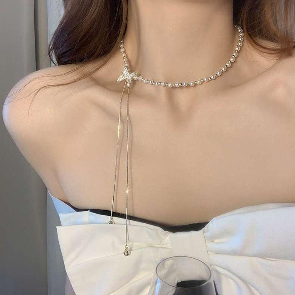 Mxbeauty Wanita Kalung Elegan Indah Halus Mutiara Gadis Hadiah Kupu-Kupu Niche Desain Adjustable Perempuan Klavikula Rantai