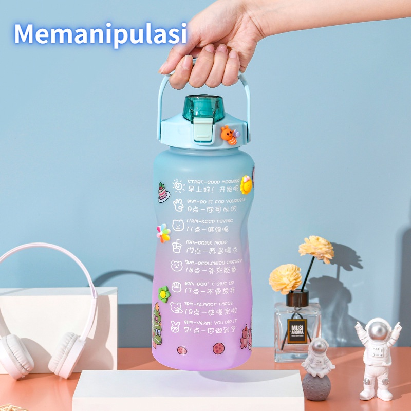 [Stiker 2D &amp; 3D Gratis] Botol Minum Motivasi dengan Penanda Waktu Kapasitas Besar 2 Liter Murah Tritan QuiFit untuk Dewasa dan Remaja / Botol Minum