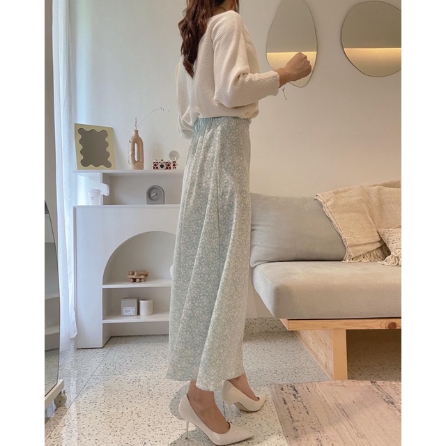 Rok Bunga Korea / Skirt Flower / Rok Panjang Wanita / Rok Plisket  -  Soft Mint Bunga Putih - Allsiz