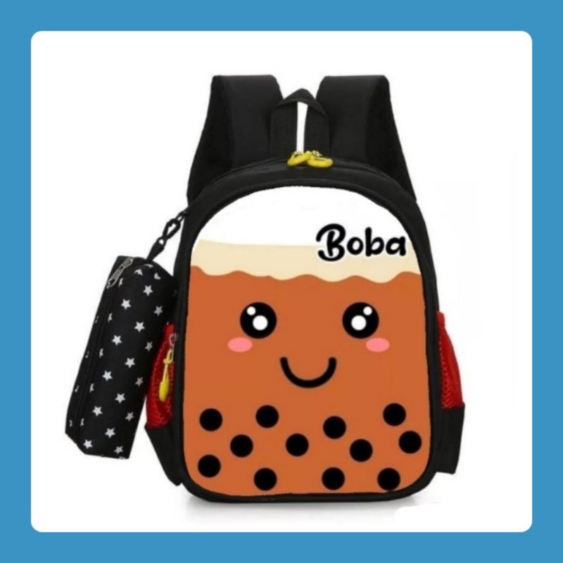 EMOEMO-Tas Boba-Tas Ransel Anak Sekolah Unisex Untuk TK dan SD Karakter Motif BOBA Fashion Trend Kekinian + FREE Tempat Pencil