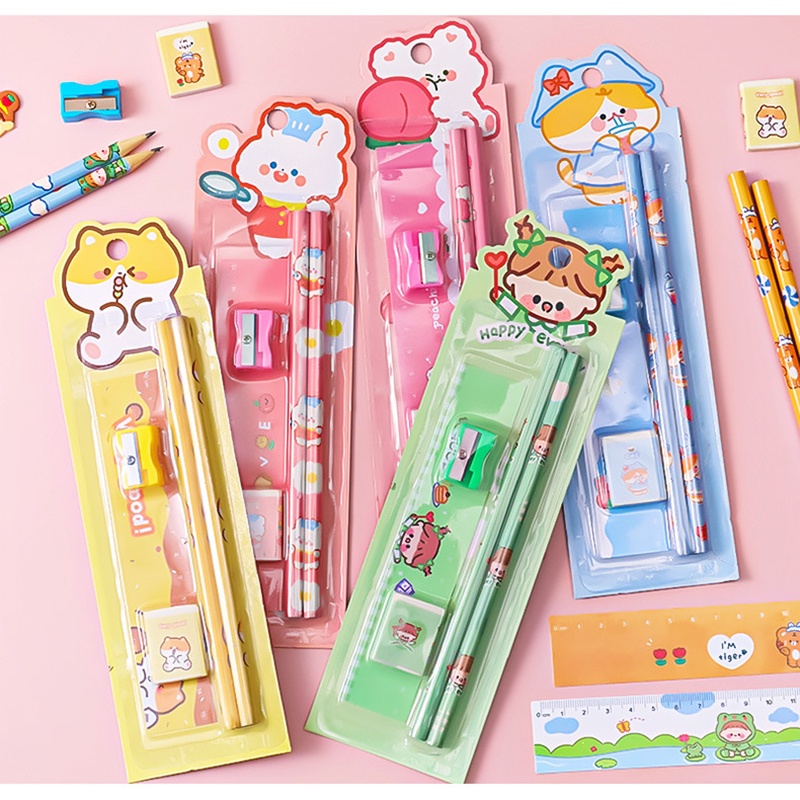 5pcs / Set Penghapus Pensil Motif Kartun Untuk Stationery Anak / Sekolah