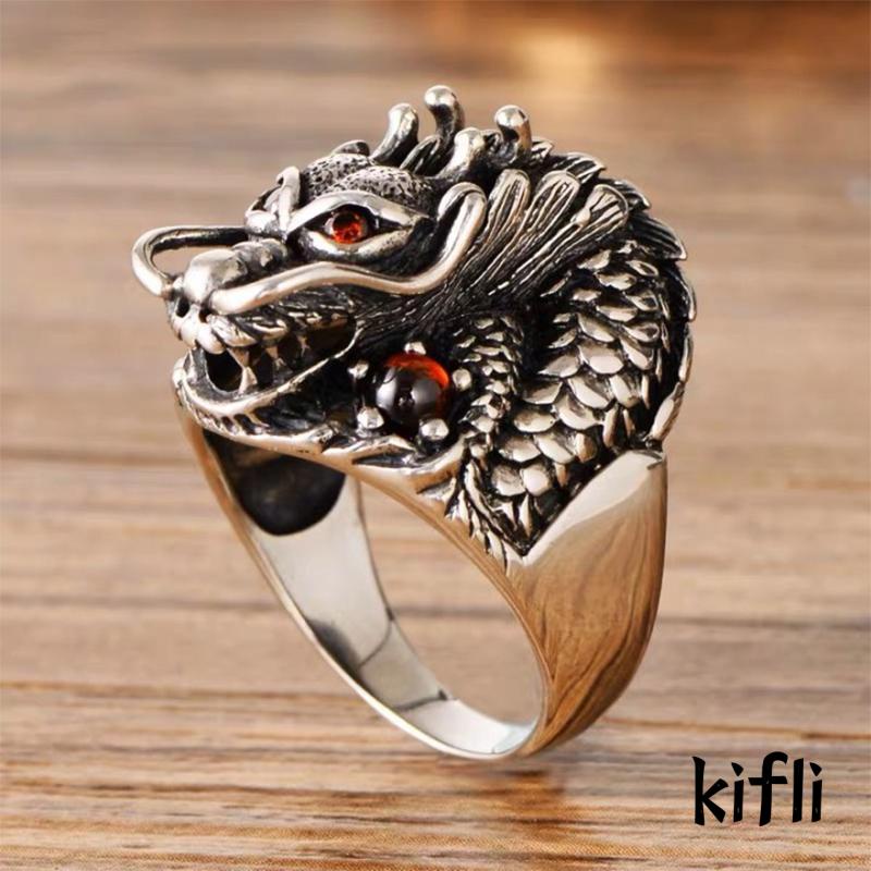 Cincin Lapis Silver Desain Kepala Naga Hias Zircon Gaya Vintage Untuk Wanita