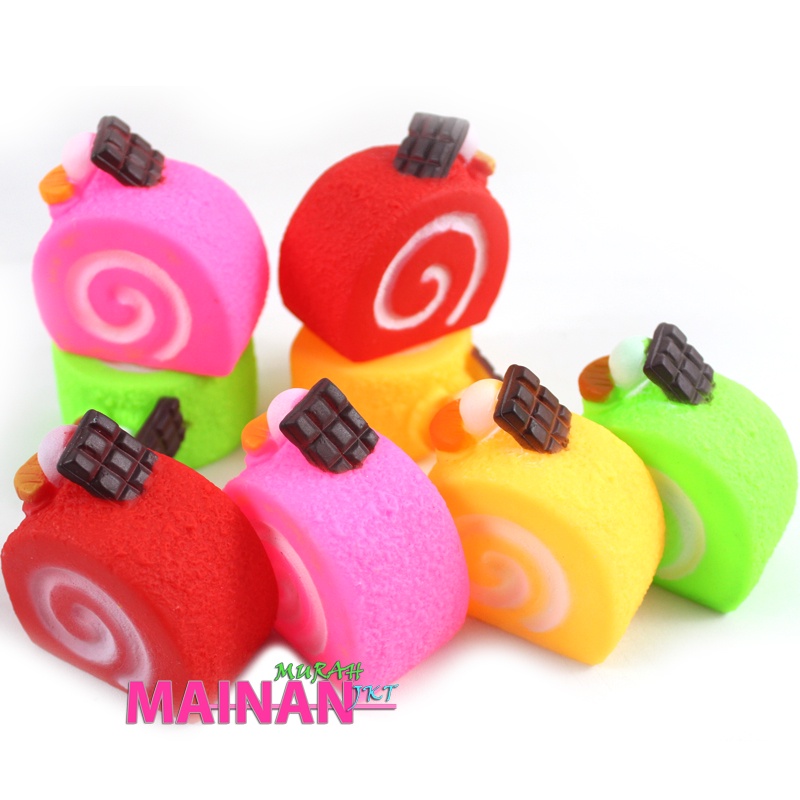 MAINANKEI MAINAN ANAK MURAH SQUISHY CAKE ROLL SS1575 POTONGAN KUE GULUNG ULANG TAHUN BUNYI CIT CIT