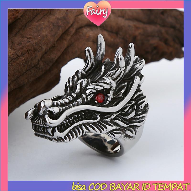 Cincin Desain Ukiran Kepala Naga Bahan Cubic Zirconia Gaya Punk Untuk Pria F