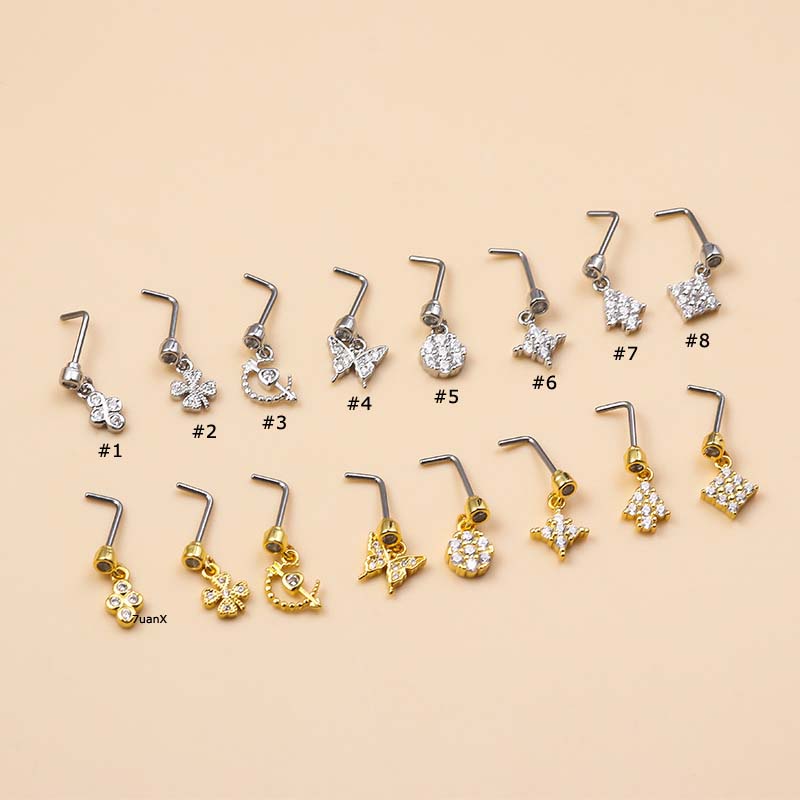 1pc Anting Tindik Hidung Bentuk L 20 Gage Motif Daun Butterfly Untuk Wanita