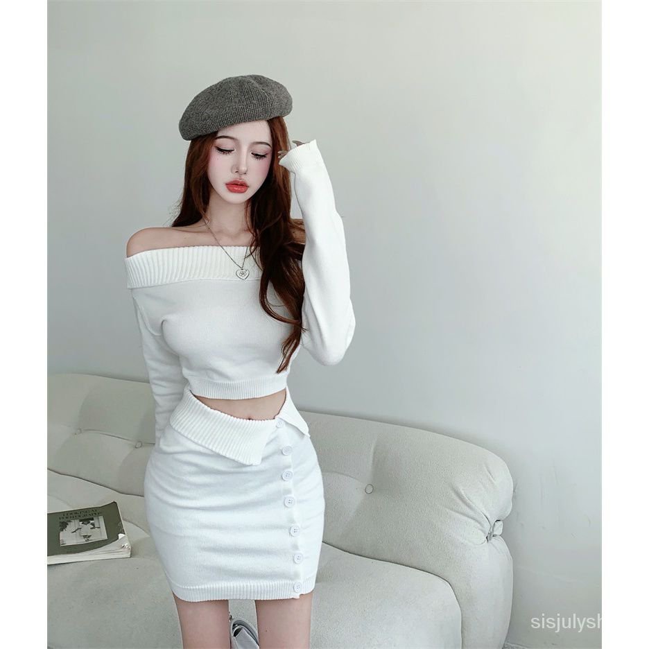 #Sisjuly# Atasan rajutan kerah satu bahu baru wanita + set setelan rok setengah badan pinggul paket