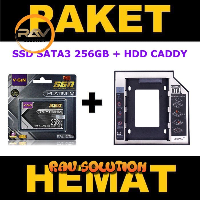 PAKET SSD 256GB V-GeN PLATINUM SATA 3 + HDD Caddy 9.5 mm-12.7 mm DVD Slot to HDD Slot